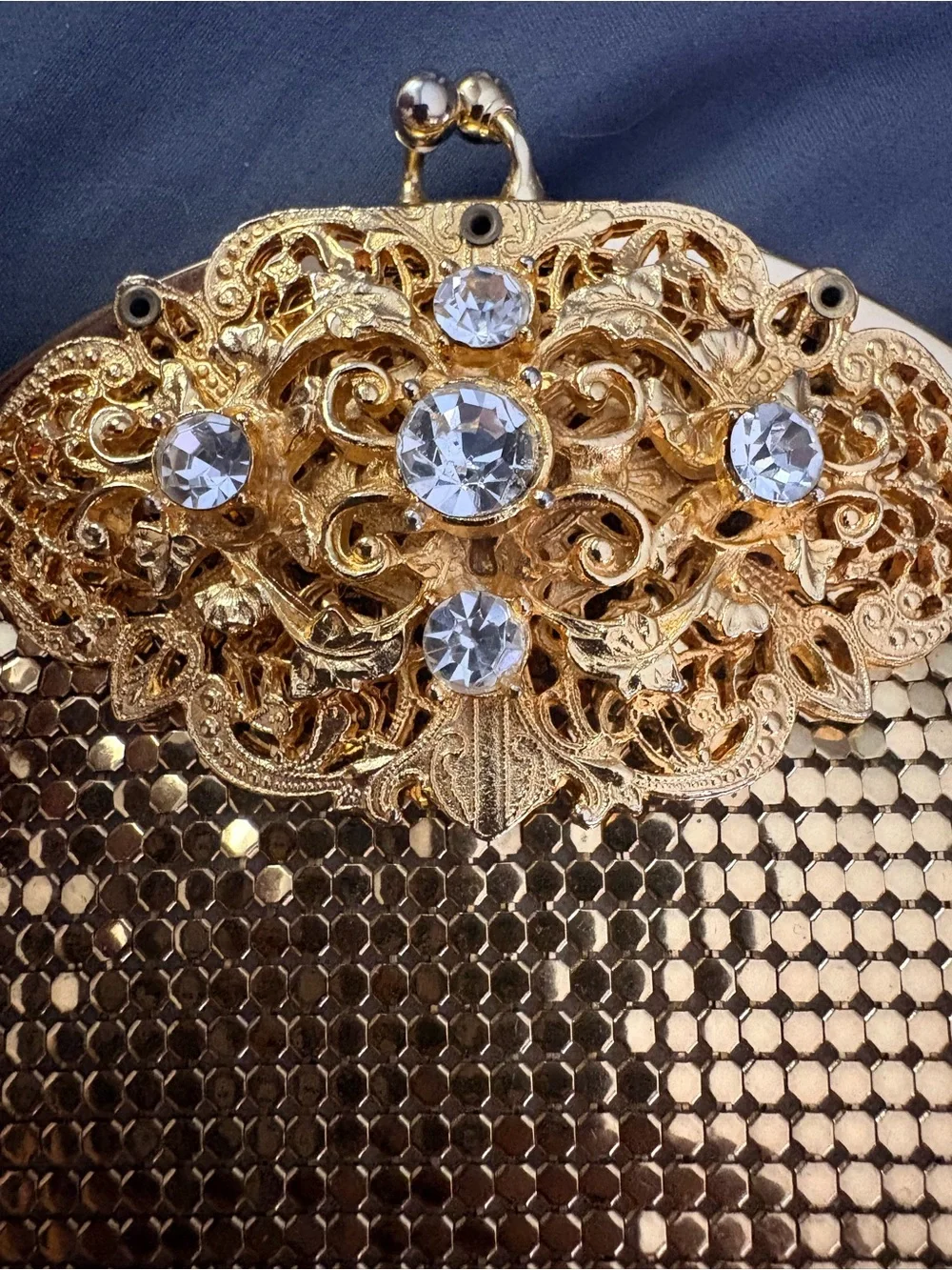 VTG 1960s Whiting Davis Gold Mesh Frame Evening Bag Chain & Crystal Design RARE